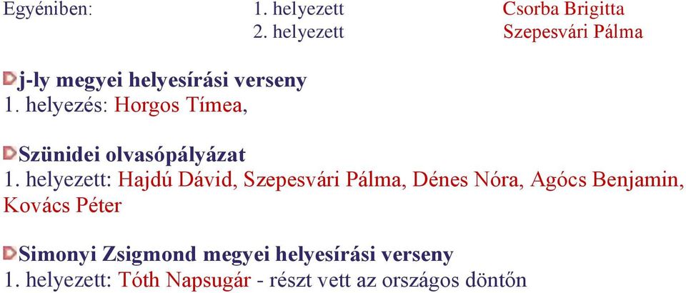 helyezés: Horgos Tímea, Szünidei olvasópályázat 1.