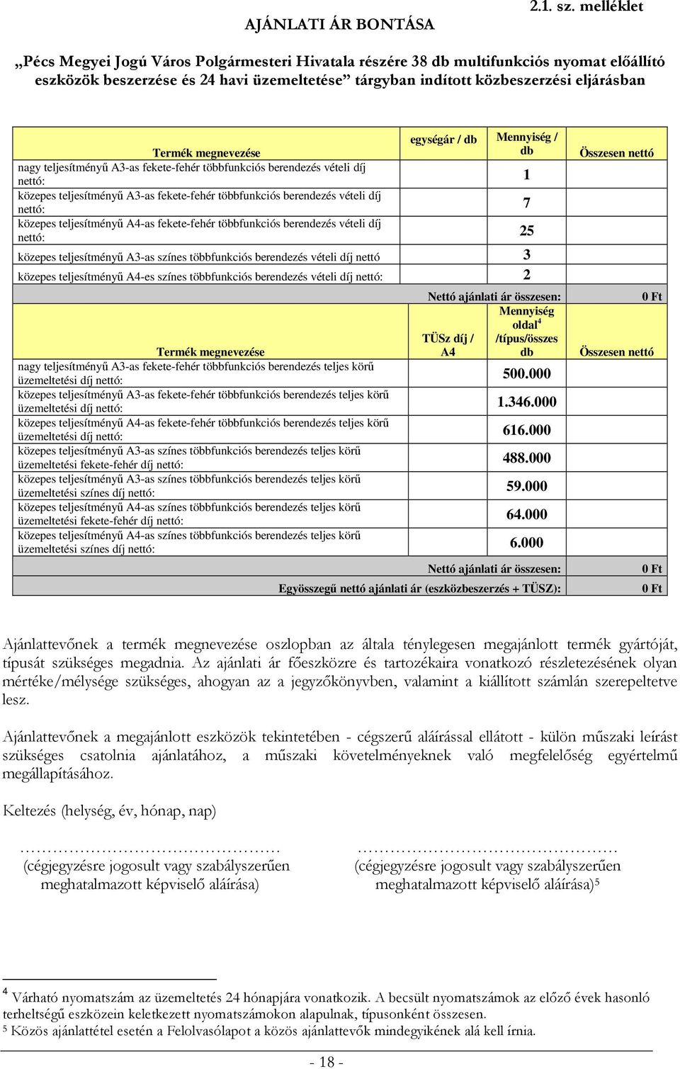 db Mennyiség / Termék megnevezése db nagy teljesítményű A3-as fekete-fehér többfunkciós berendezés vételi díj nettó: 1 közepes teljesítményű A3-as fekete-fehér többfunkciós berendezés vételi díj