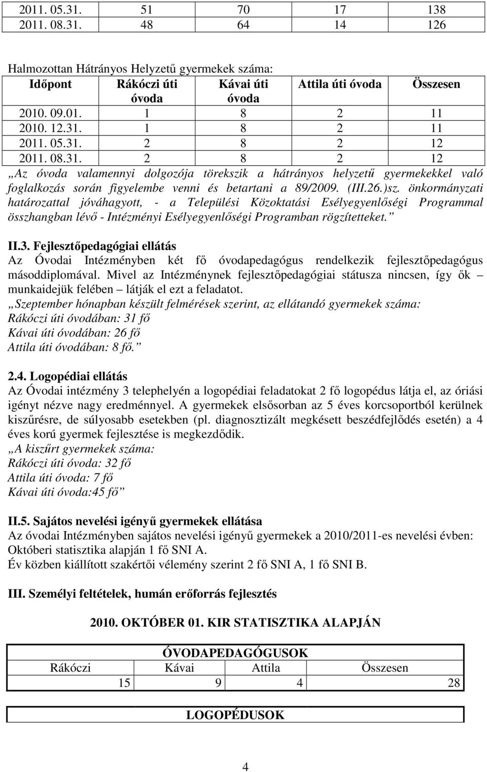 önkormányzati határozattal jóváhagyott, - a Települési Közoktatási Esélyegyenlıségi Programmal összhangban lévı - Intézményi Esélyegyenlıségi Programban rögzítetteket. II.3.