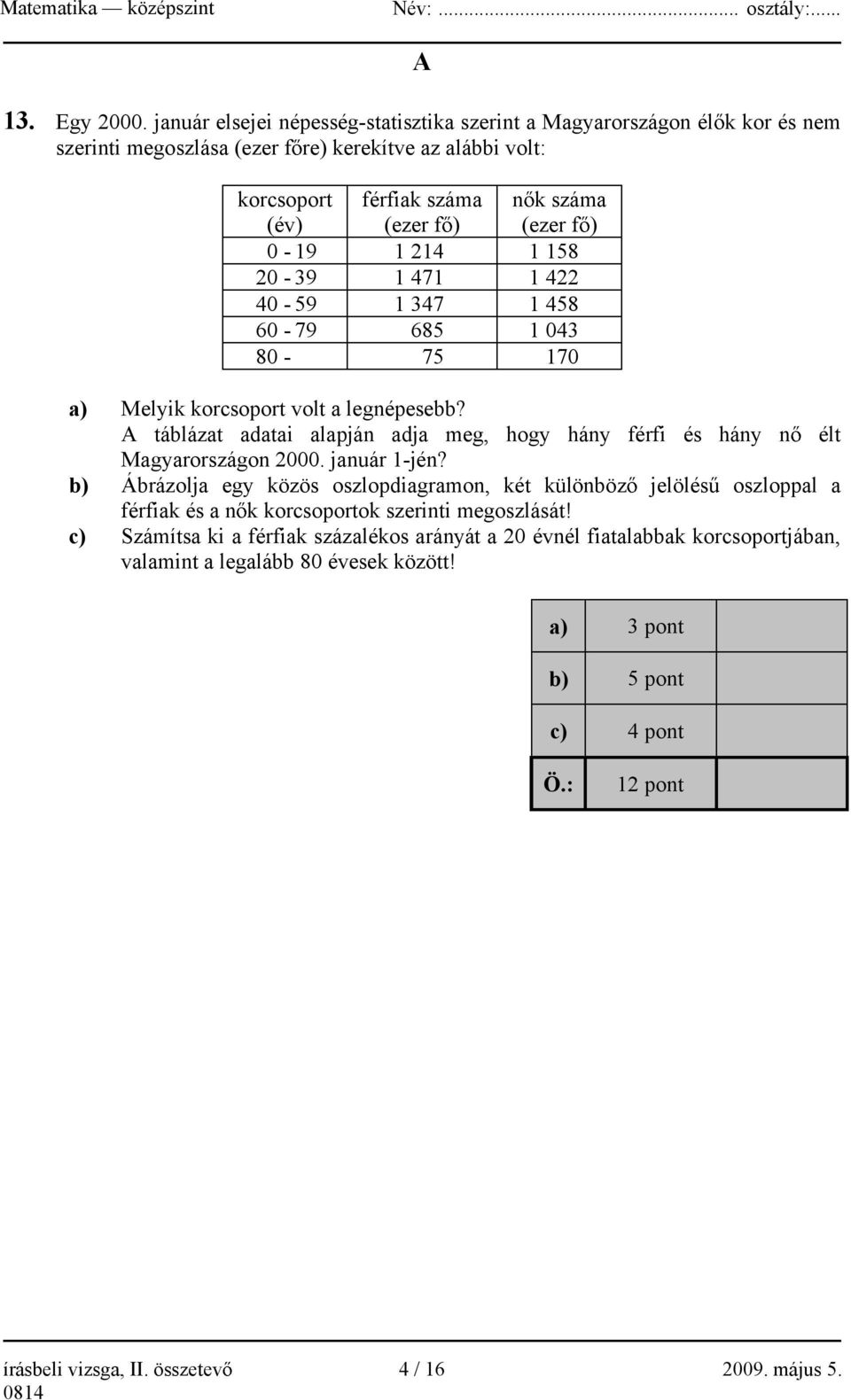 (ezer f ) 0-19 1 214 1 158 20-39 1 471 1 422 40-59 1 347 1 458 60-79 685 1 043 80-75 170 a) Melyik korcsoport volt a legnépesebb?