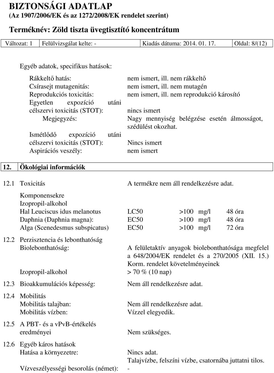 utáni célszervi toxicitás (STOT): Aspirációs veszély: nem ismert, ill. nem rákkeltő nem ismert, ill. nem mutagén nem ismert, ill.