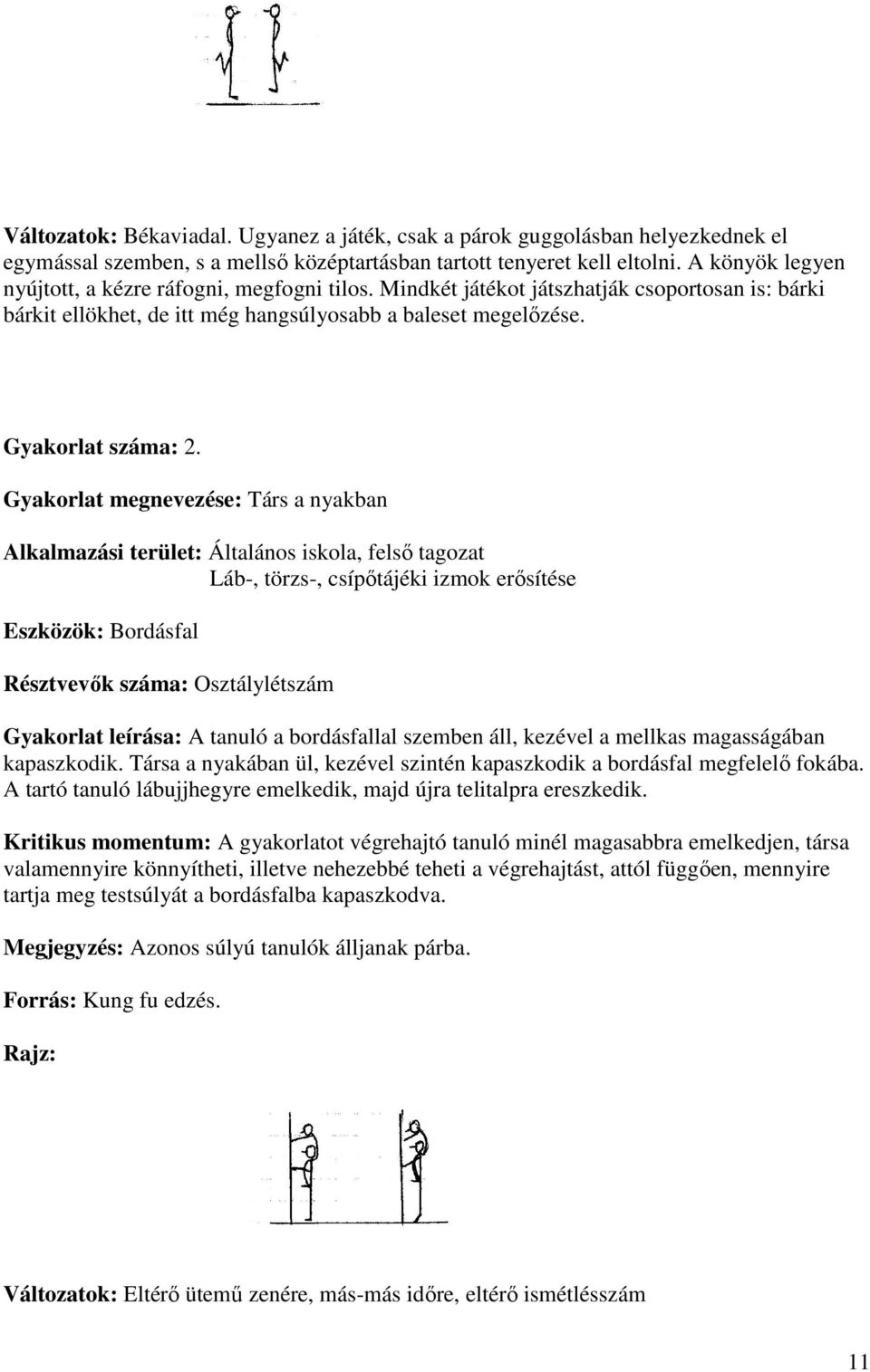 Gyakorlat megnevezése: Társ a nyakban Láb-, törzs-, csípőtájéki izmok erősítése Eszközök: Bordásfal Gyakorlat leírása: A tanuló a bordásfallal szemben áll, kezével a mellkas magasságában kapaszkodik.