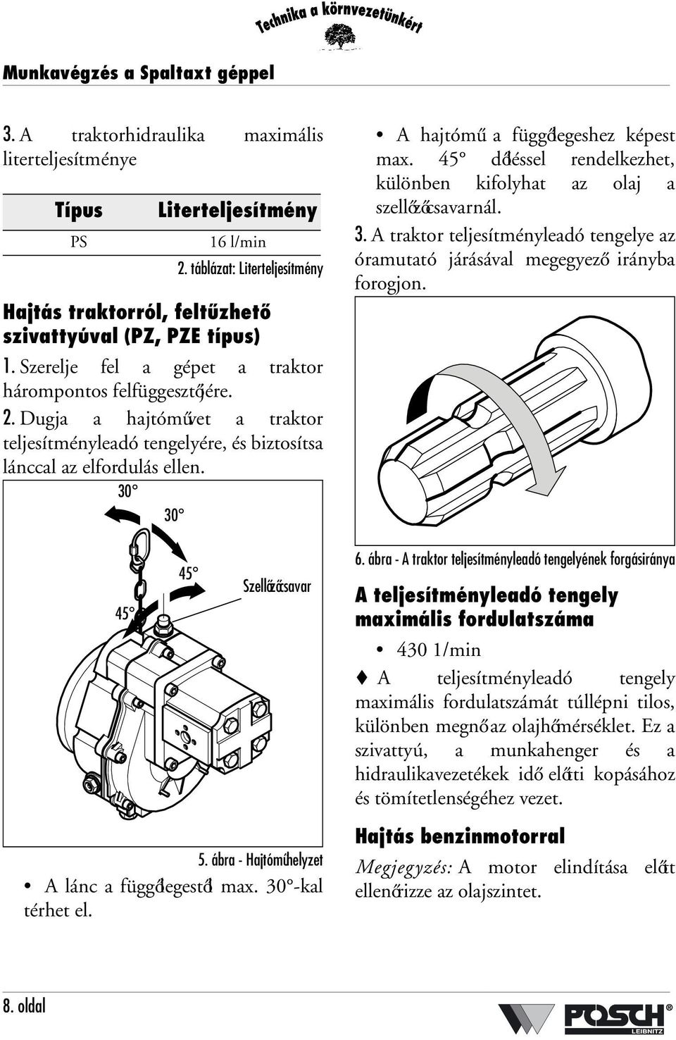 30 30 45 Literteljesítmény 16 l/min 2. táblázat: Literteljesítmény 45 Szellőzőcsavar 5. ábra - Hajtóműhelyzet A lánc a függőlegestől max. 30 -kal térhet el. A hajtómű a függőlegeshez képest max.