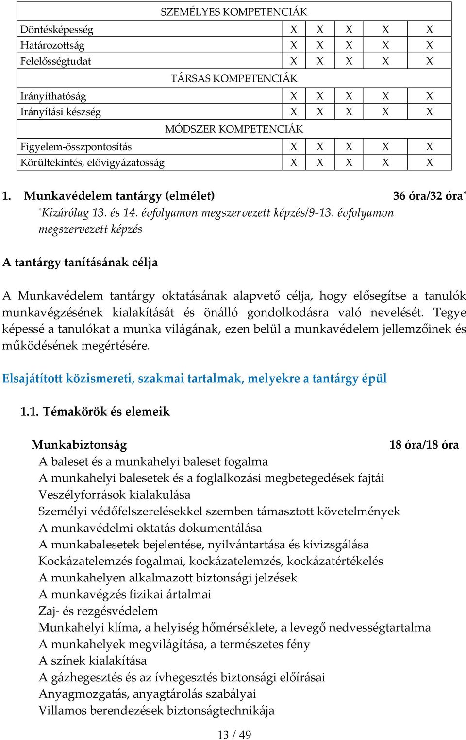 évfolyamon megszervezett képzés A tantárgy tanításának célja A Munkavédelem tantárgy oktatásának alapvető célja, hogy elősegítse a tanulók munkavégzésének kialakítását és önálló gondolkodásra való