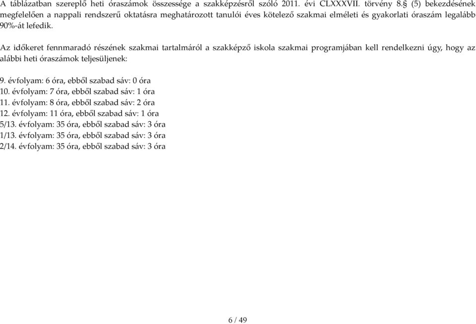 Az időkeret fennmaradó részének szakmai tartalmáról a szakképző iskola szakmai programjában kell rendelkezni úgy, hogy az alábbi heti óraszámok teljesüljenek: 9.