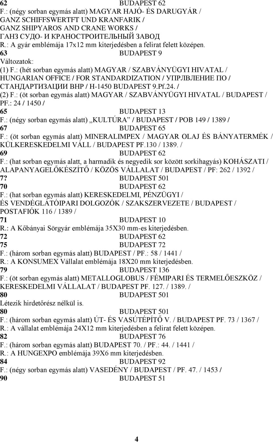 : (hét sorban egymás alatt) MAGYAR / SZABVÁNYÜGYI HIVATAL / HUNGARIAN OFFICE / FOR STANDARDIZATION / УПРЛВЛЕНИЕ ПО / СТАНДАРТИЗАЦИИ ВНР / H-1450 BUDAPEST 9.Pf.24. / (2) F.