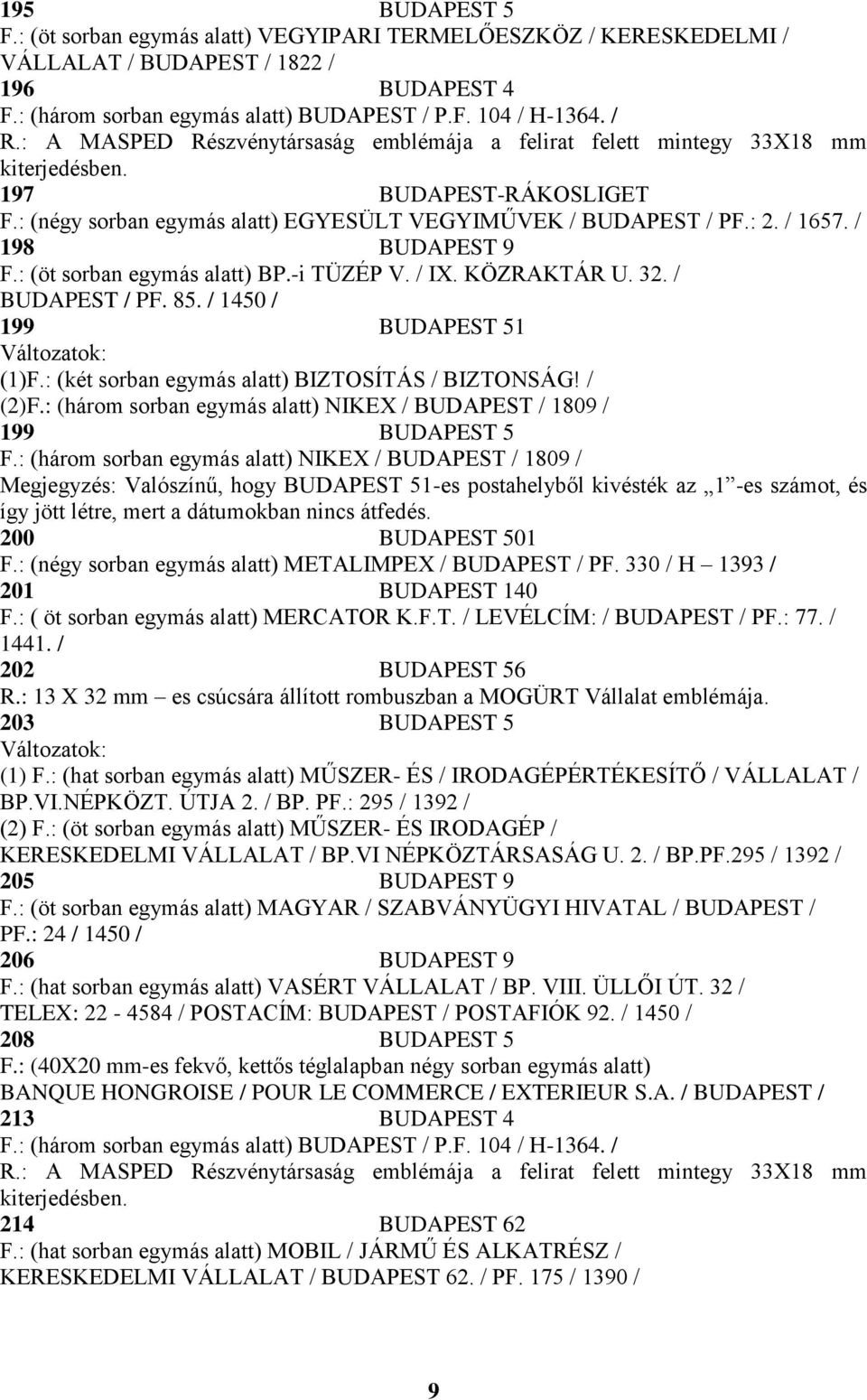/ 198 BUDAPEST 9 F.: (öt sorban egymás alatt) BP.-i TÜZÉP V. / IX. KÖZRAKTÁR U. 32. / BUDAPEST / PF. 85. / 1450 / 199 BUDAPEST 51 (1)F.: (két sorban egymás alatt) BIZTOSÍTÁS / BIZTONSÁG! / (2)F.