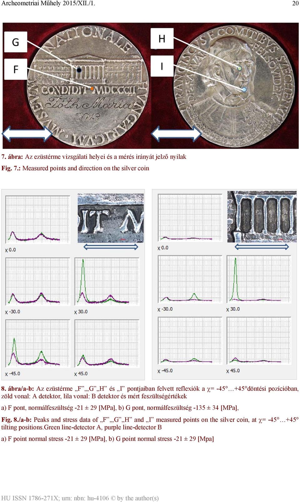 feszültségértékek a) F pont, normálfeszültség -21 ± 29 [MPa], b) G pont, normálfeszültség -135 ± 34 [MPa], Fig. 8.