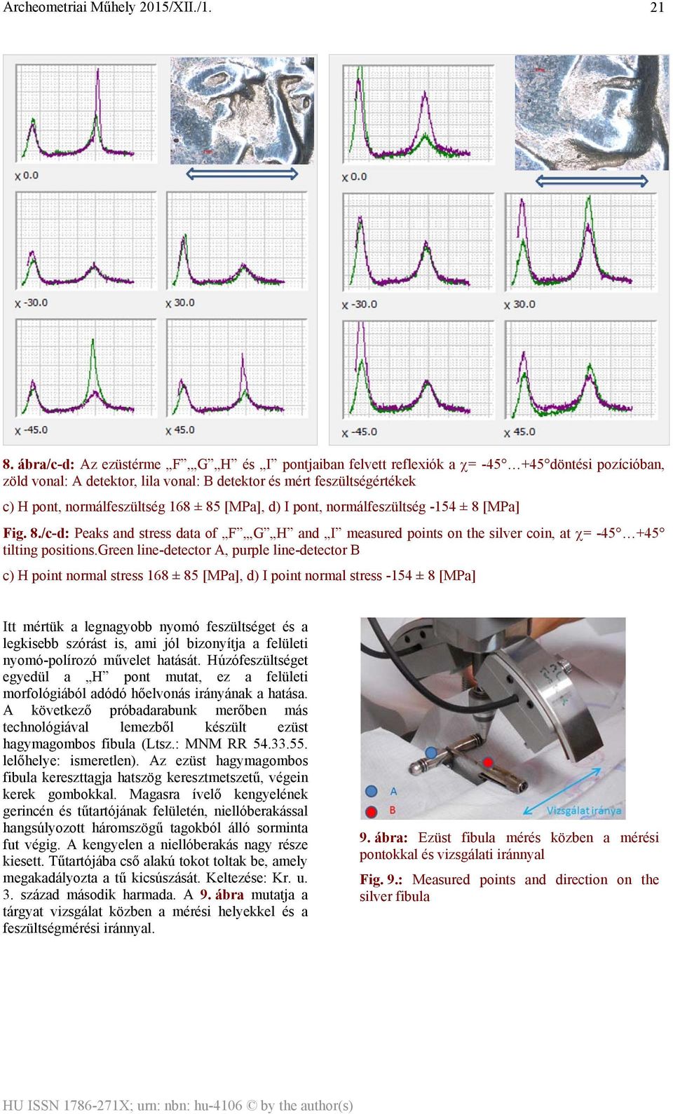 green line-detector A, purple line-detector B c) H point normal stress 168 ± 85 [MPa], d) I point normal stress -154 ± 8 [MPa] Itt mértük a legnagyobb nyomó feszültséget és a legkisebb szórást is,
