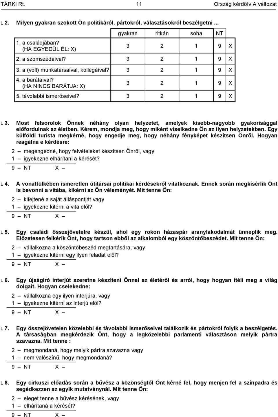 Most felsorolok Önnek néhány olyan helyzetet, amelyek kisebb-nagyobb gyakorisággal előfordulnak az életben. Kérem, mondja meg, hogy miként viselkedne Ön az ilyen helyzetekben.