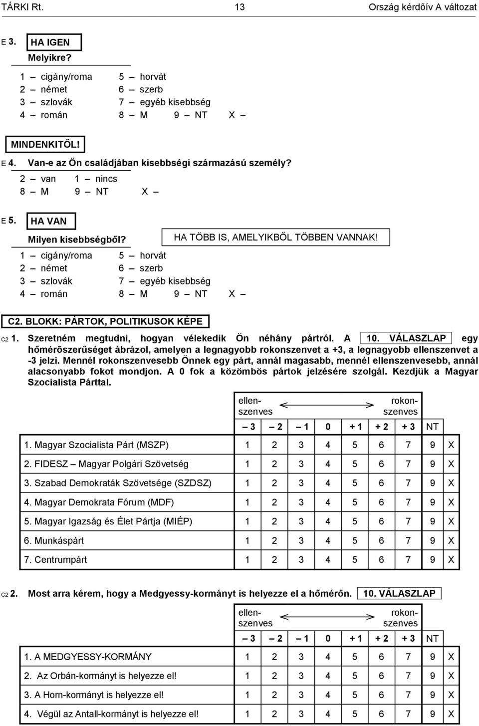 5 horvát 6 szerb 7 egyéb kisebbség 8 M +C2. BLOKK: PÁRTOK, POLITIKUSOK KÉPE+ C2 1. Szeretném megtudni, hogyan vélekedik Ön néhány pártról. A +10.