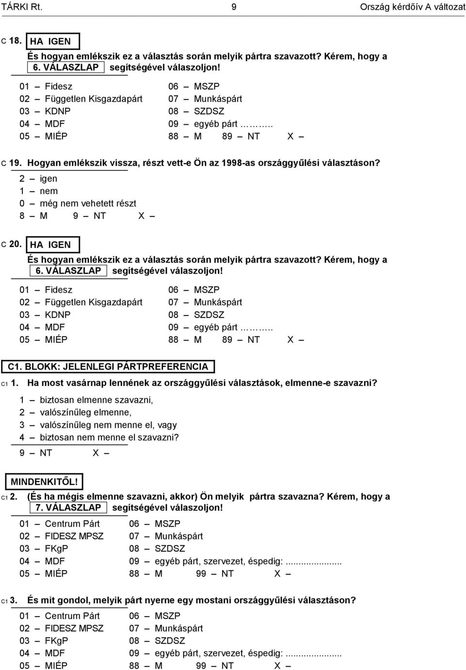 2 igen 1 nem 0 még nem vehetett részt 8 M C 20. HA IGEN És hogyan emlékszik ez a választás során melyik pártra szavazott? Kérem, hogy a +6. VÁLASZLAP+ segítségével válaszoljon!