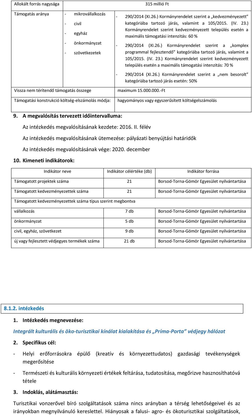 ) Kormányrendelet szerint kedvezményezett település esetén a maximális támogatási intenzitás: 60 % - 290/2014 (XI.26.
