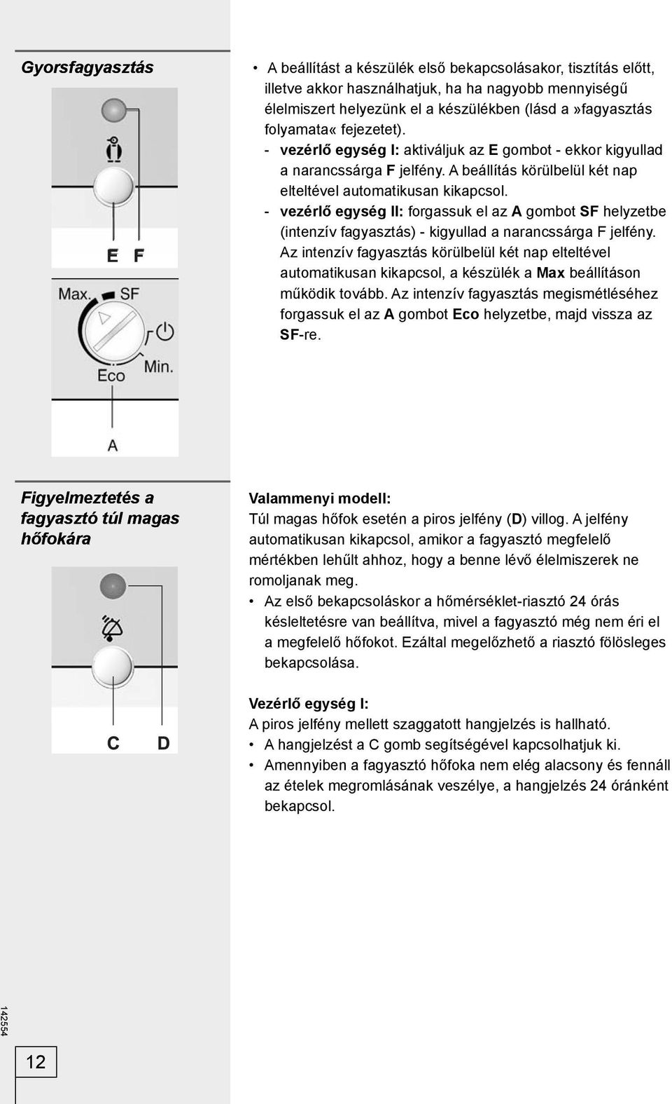 - vezérlő egység II: forgassuk el az A gombot SF helyzetbe (intenzív fagyasztás) - kigyullad a narancssárga F jelfény.