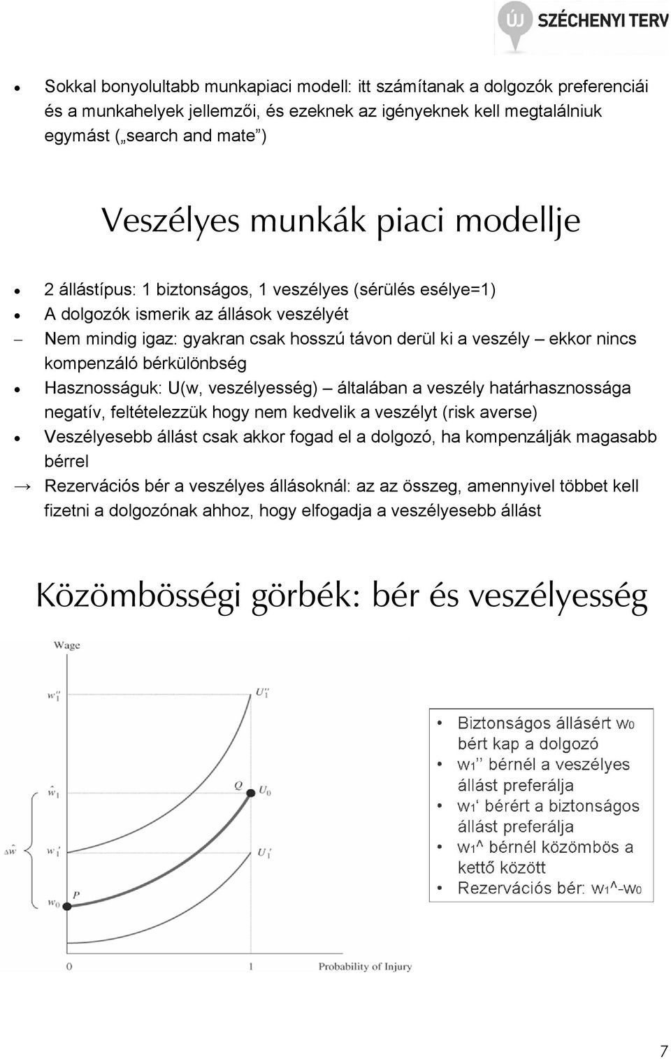 bérkülönbség Hasznosságuk: U(w, veszélyesség) általában a veszély határhasznossága negatív, feltételezzük hogy nem kedvelik a veszélyt (risk averse) Veszélyesebb állást csak akkor fogad el a dolgozó,