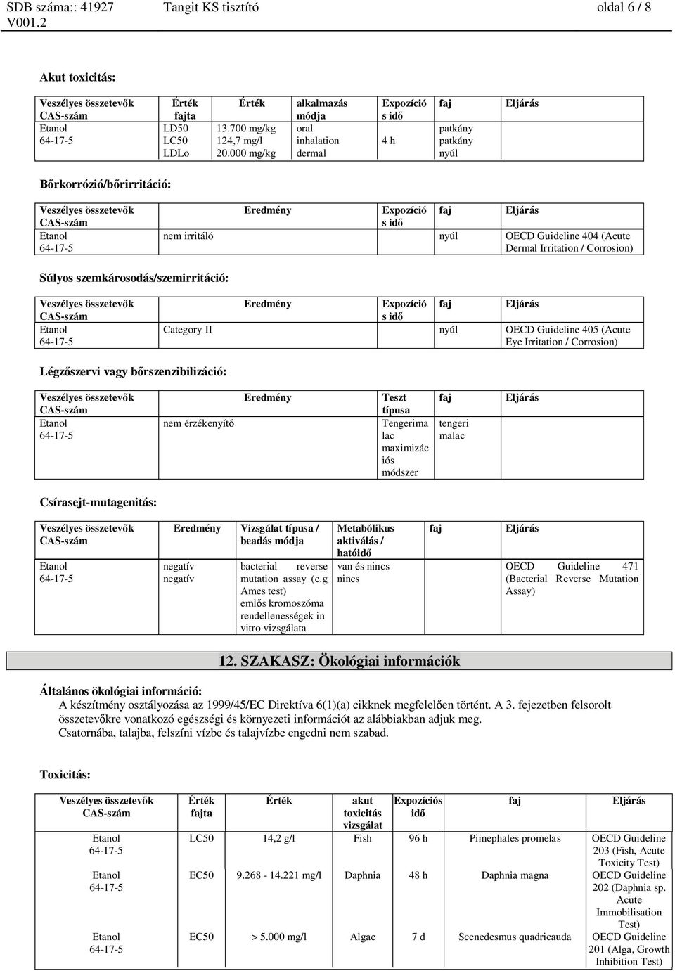 / Corrosion) Súlyos szemkárosodás/szemirritáció: Eredmény Expozíció s id Category nyúl OECD Guideline 405 (Acute Eye Irritation / Corrosion) Légz szervi vagy b rszenzibilizáció: nem érzékenyít