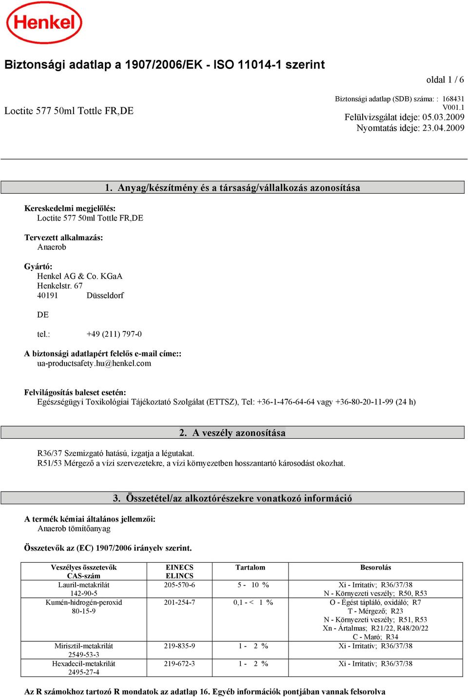 : +49 (211) 797-0 A biztonsági adatlapért felelős e-mail címe:: ua-productsafety.hu@henkel.com 1.