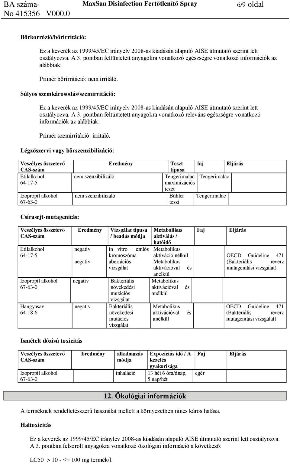 Súlyos szemkárosodás/szemirritáció: Ez a keverék az 1999/45/EC irányelv 2008-as kiadásán alapuló AISE útmutató szerint lett osztályozva. A 3.