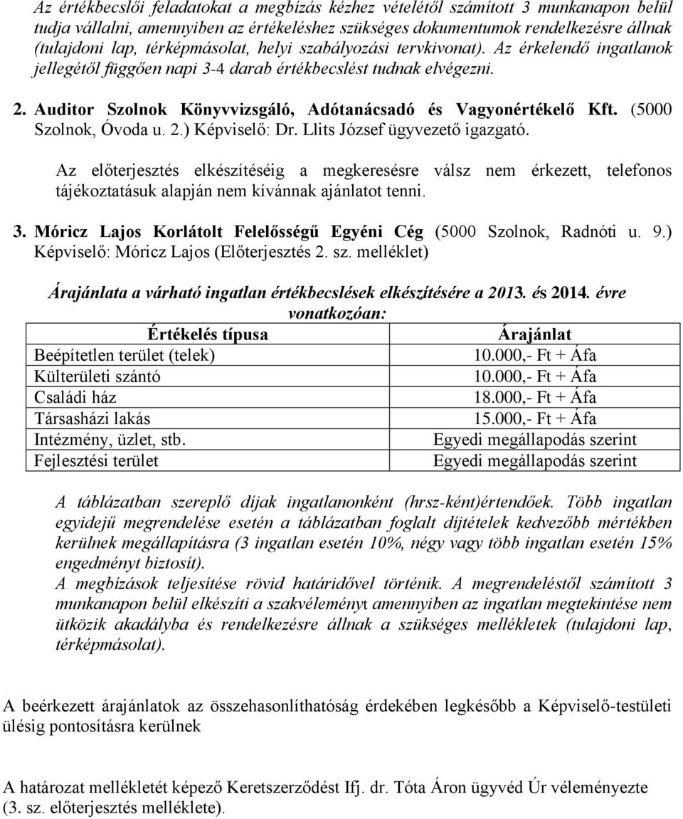 Auditor Szolnok Könyvvizsgáló, Adótanácsadó és Vagyonértékelő Kft. (5000 Szolnok, Óvoda u. 2.) Képviselő: Dr. Llits József ügyvezető igazgató.