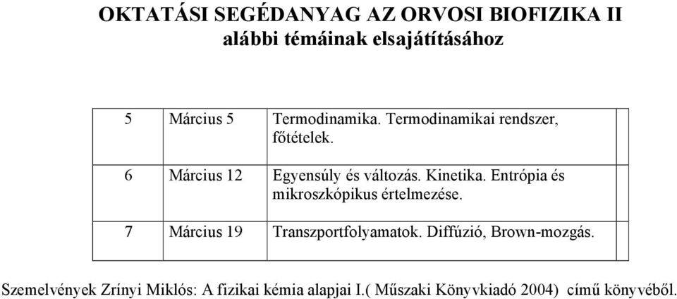 Entrópa és mkroszkópkus értelmezése. 7 Márcus 9 ranszportfolyamatok.