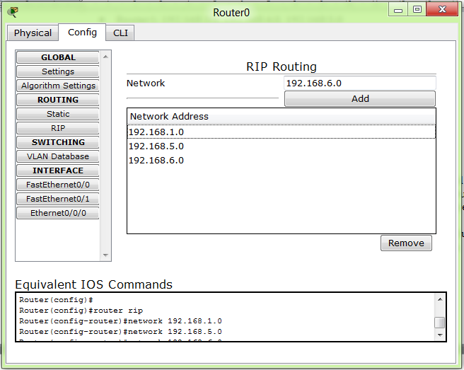 Ezt a konfigurálást parancssorból a következőképpen tudjuk elvégezni: Nyissuk meg mondjuk Router0 CLI parancssorát Írjuk be a következő parancsokat: Router>enable Router#configure terminal