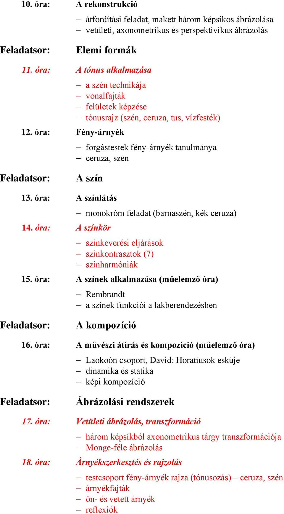 óra: A színkör monokróm feladat (barnaszén, kék ceruza) színkeverési eljárások színkontrasztok (7) színharmóniák 15.