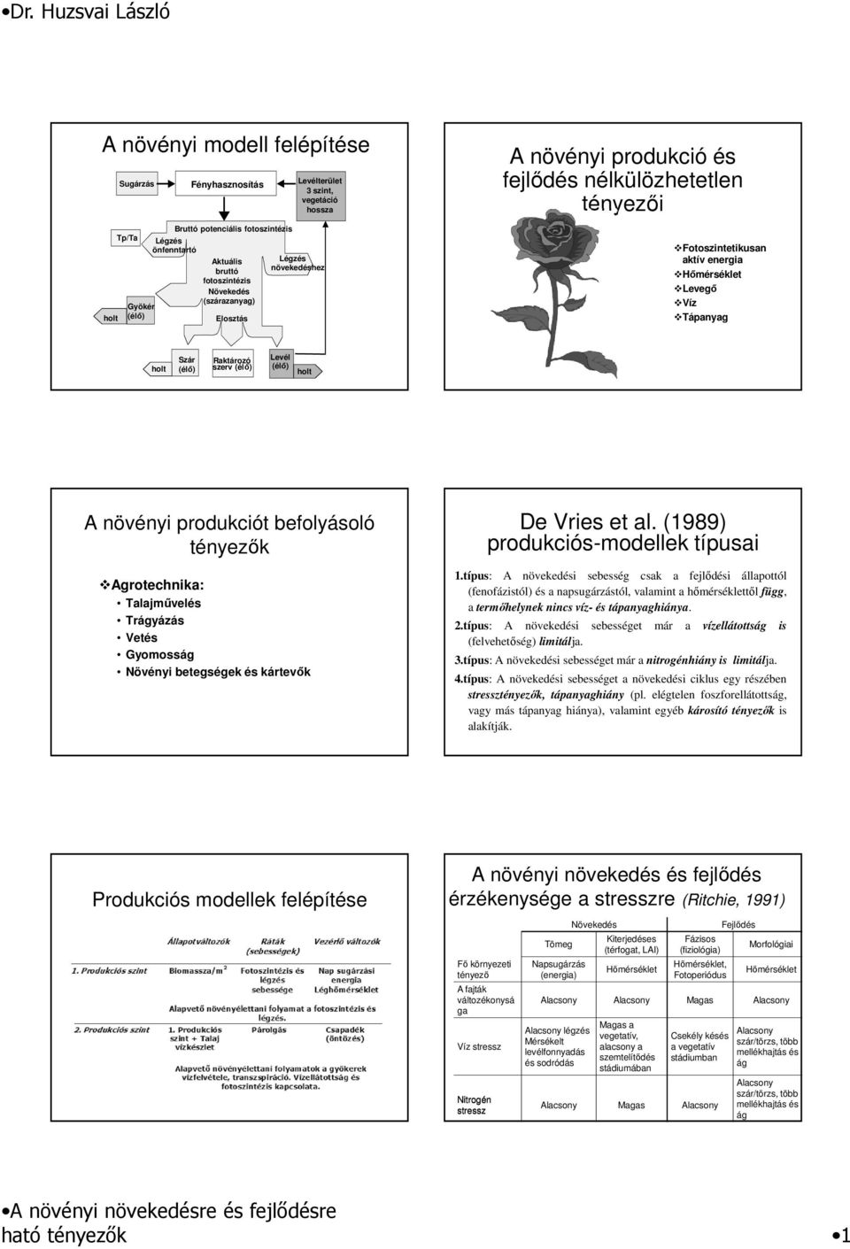 Raktározó szerv (élő) Levél (élő) holt A növényi produkciót befolyásoló tényezők Agrotechnika: Talajművelés Trágyázás Vetés Gyomosság Növényi betegségek és kártevők De Vries et al.