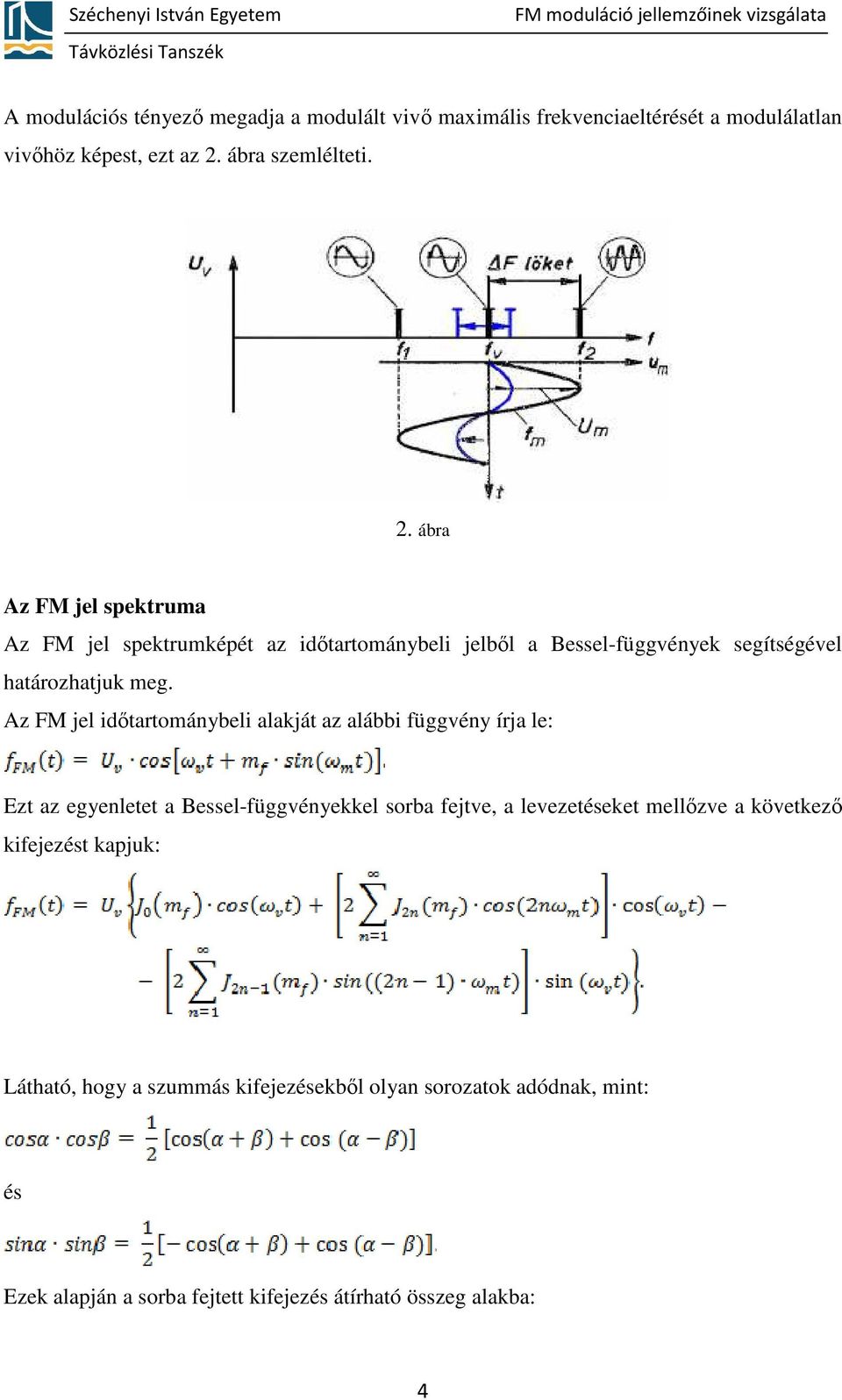 ábra Az FM jel spektruma Az FM jel spektrumképét az időtartománybeli jelből a Bessel-függvények segítségével határozhatjuk meg.