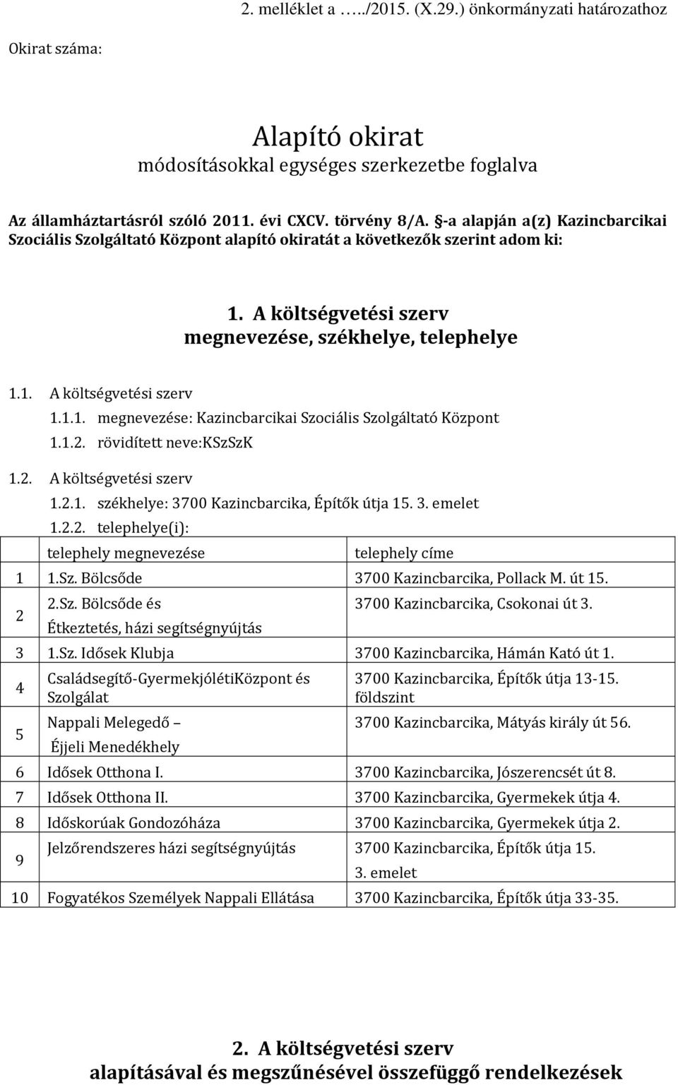 1.2. rövidített neve:kszszk 1.2. A költségvetési szerv 1.2.1. székhelye: 3700 Kazincbarcika, Építők útja 15. 3. emelet 1.2.2. telephelye(i): telephely megnevezése telephely címe 1 1.Sz.