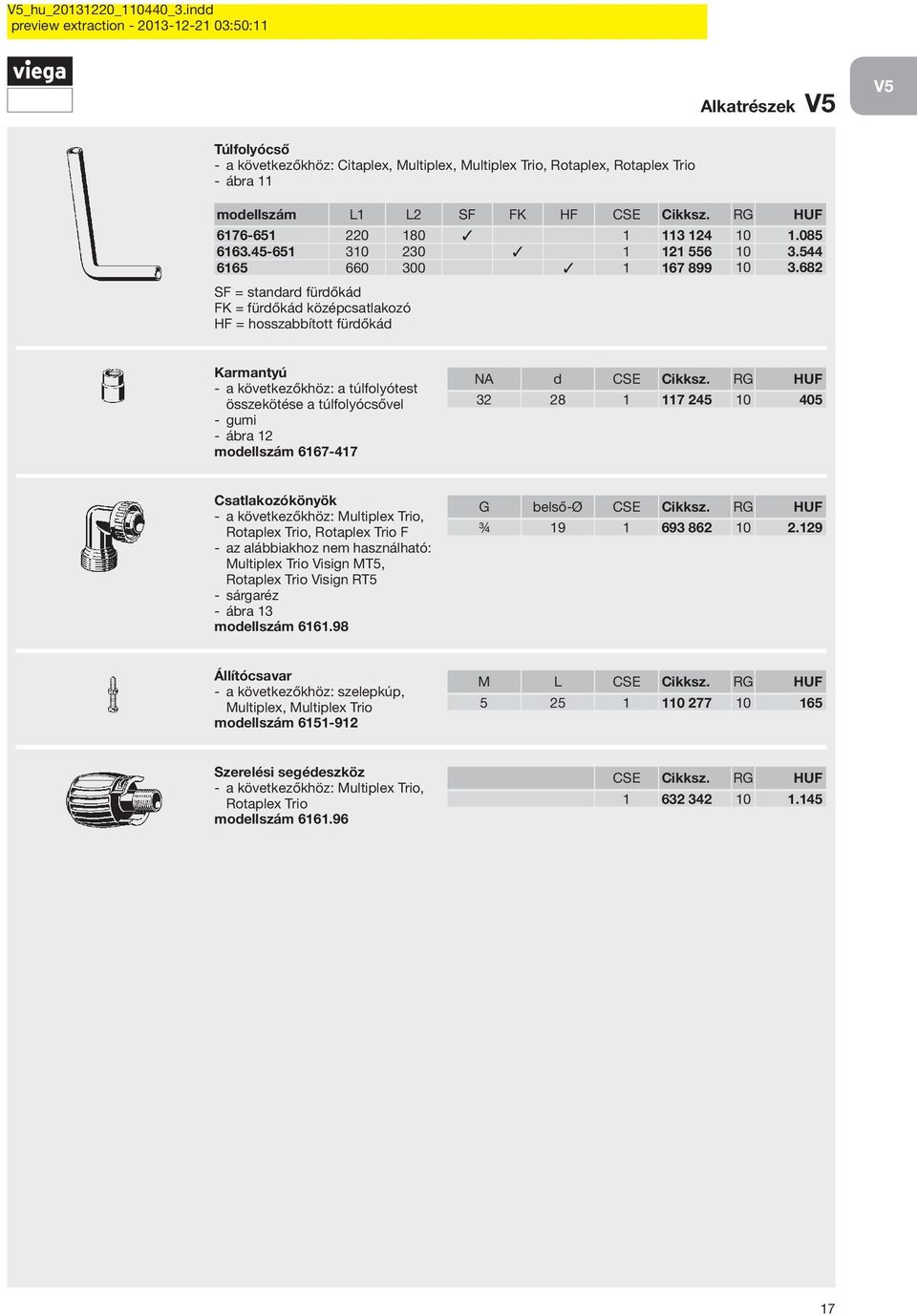 682 SF = standard fürdőkád FK = fürdőkád középcsatlakozó HF = hosszabbított fürdőkád Karmantyú a következőkhöz: a túlfolyótest összekötése a túlfolyócsővel gumi ábra 12 modellszám 6167 417 NA d 32 28