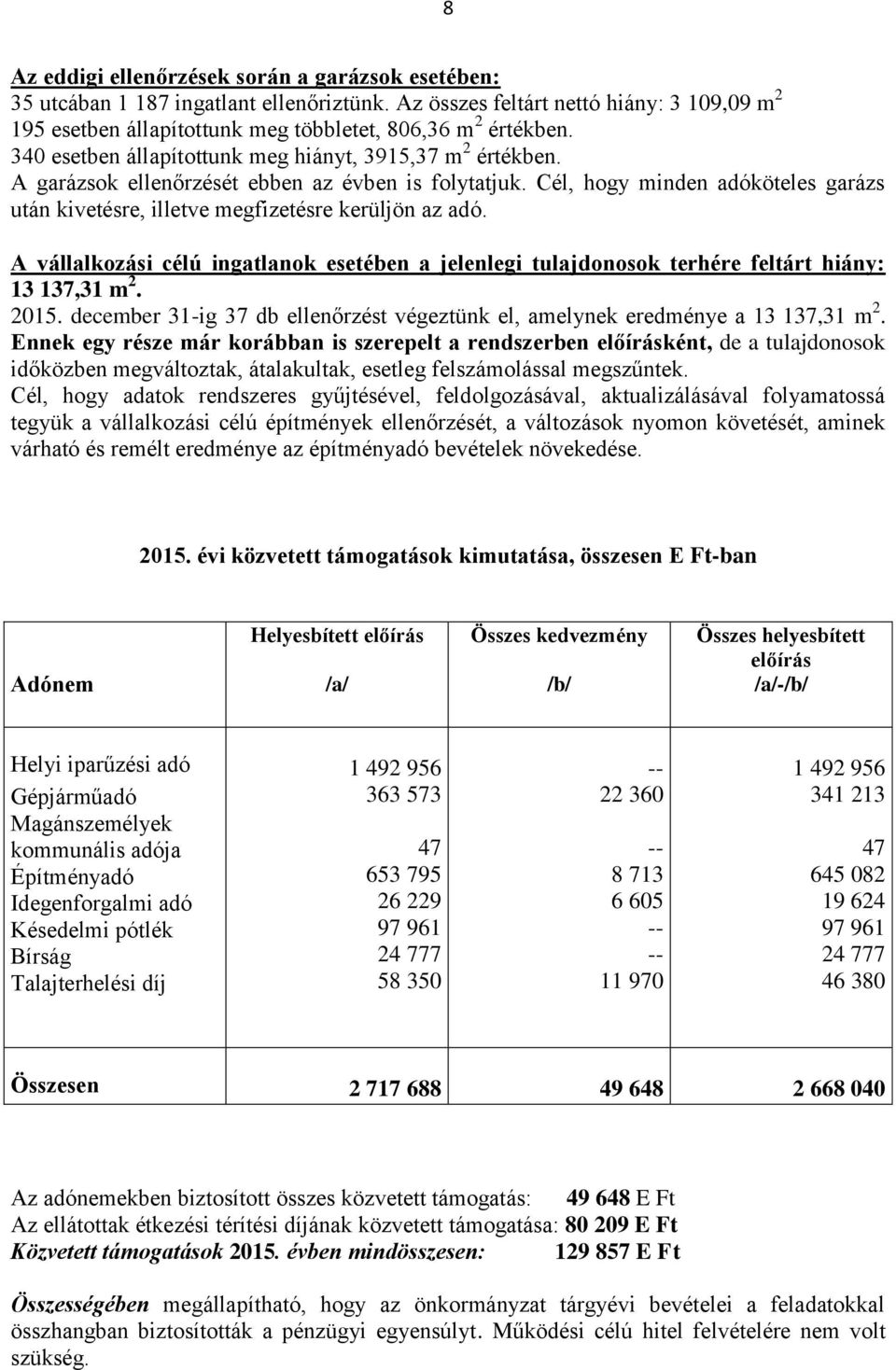 Cél, hogy minden adóköteles garázs után kivetésre, illetve megfizetésre kerüljön az adó. A vállalkozási célú ingatlanok esetében a jelenlegi tulajdonosok terhére feltárt hiány: 13 137,31 m 2. 2015.