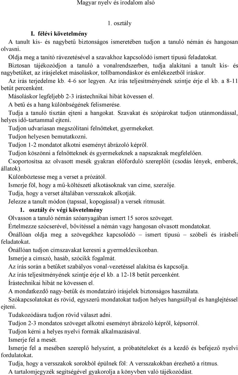 Biztosan tájékozódjon a tanuló a vonalrendszerben, tudja alakítani a tanult kis- és nagybetűket, az írásjeleket másoláskor, tollbamondáskor és emlékezetből íráskor. Az írás terjedelme kb.