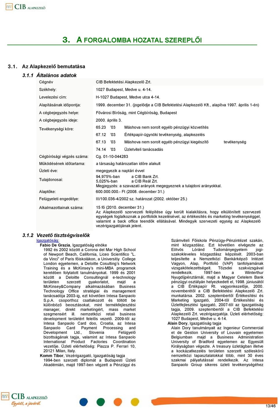 0110044283 Működésének időtartama: Üzleti éve: Tulajdonosai: 1999. december 31. (jogelődje a CIB Befektetési Alapkezelő Kft., alapítva 1997.