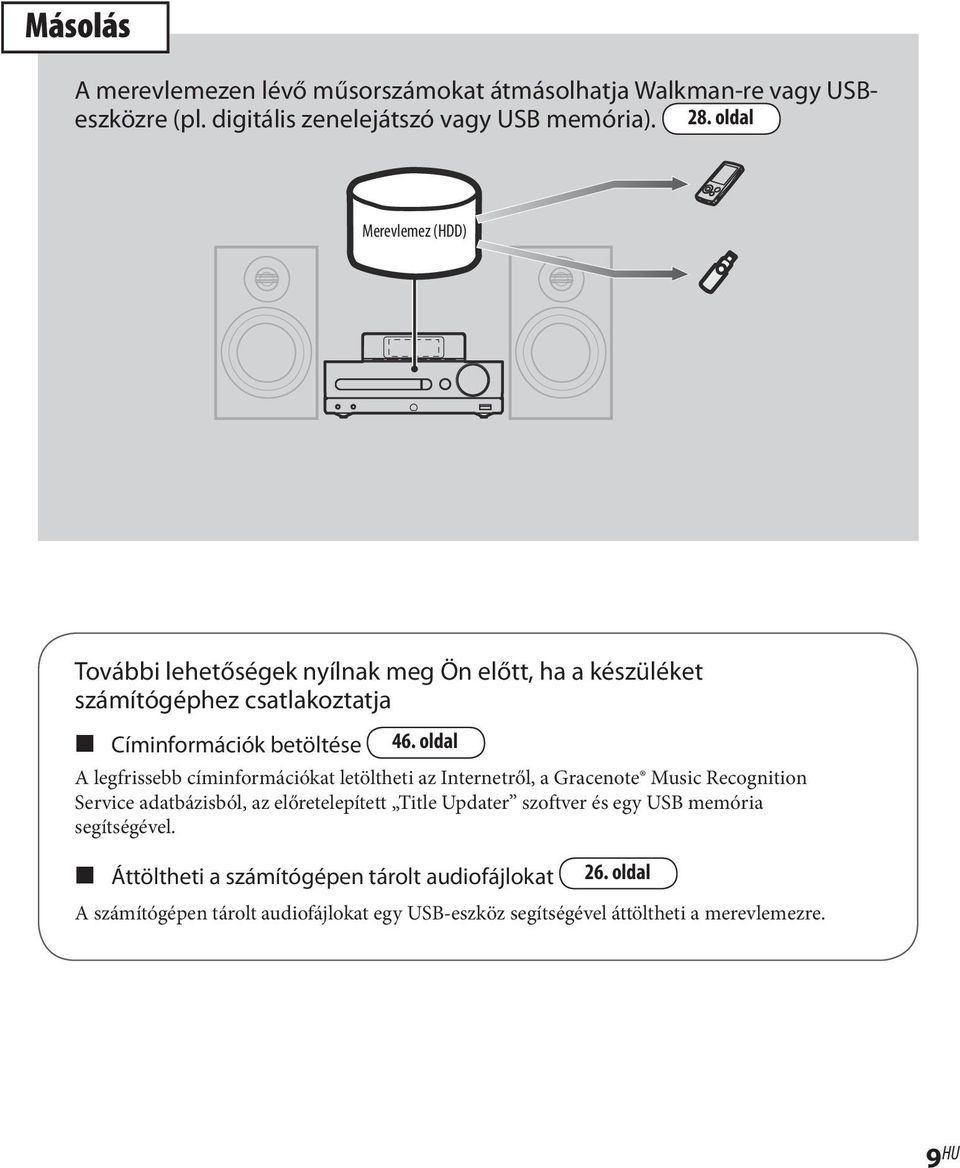 oldal A legfrissebb címinformációkat letöltheti az Internetről, a Gracenote Music Recognition Service adatbázisból, az előretelepített Title Updater