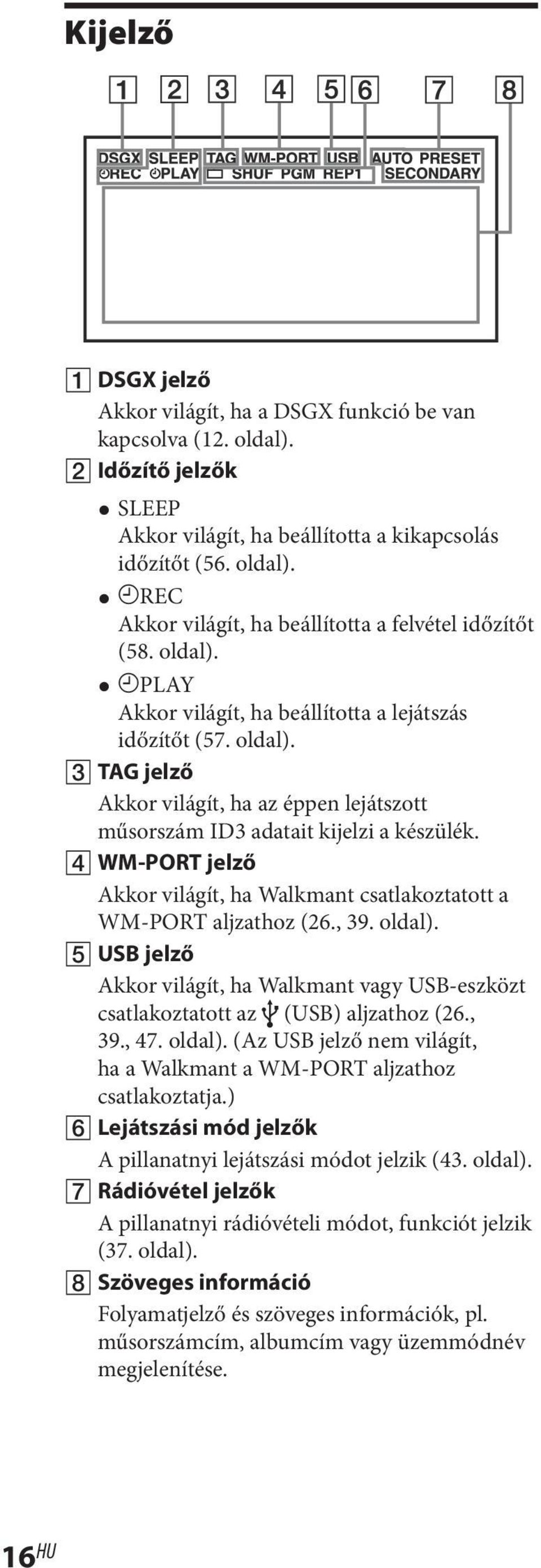 WM-PORT jelző Akkor világít, ha Walkmant csatlakoztatott a WM-PORT aljzathoz (26., 39. oldal). USB jelző Akkor világít, ha Walkmant vagy USB-eszközt csatlakoztatott az (USB) aljzathoz (26., 39., 47.