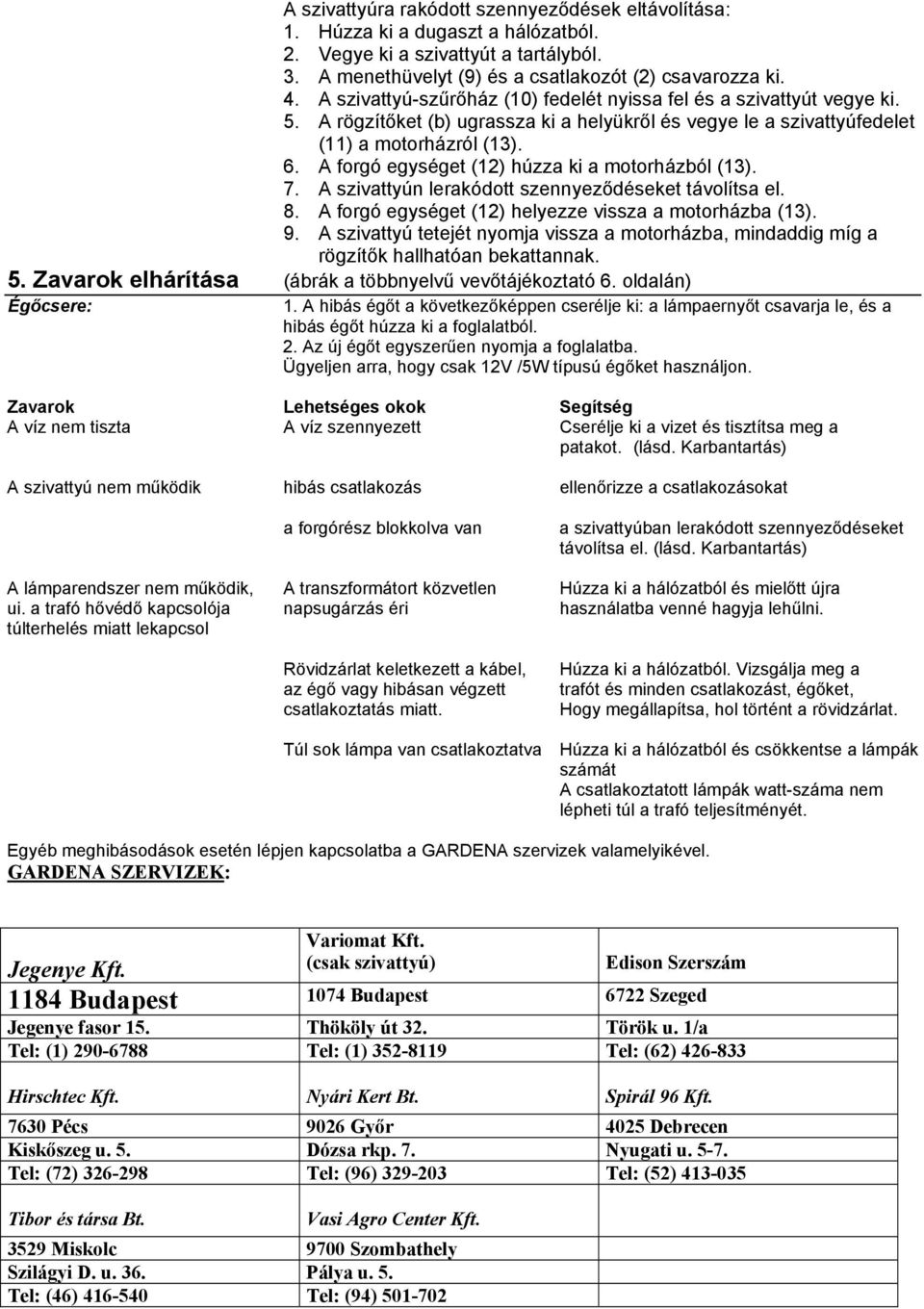 A forgó egységet (12) húzza ki a motorházból (13). 7. A szivattyún lerakódott szennyeződéseket távolítsa el. 8. A forgó egységet (12) helyezze vissza a motorházba (13). 9.