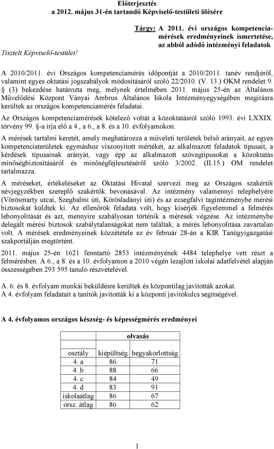 tanév rendjérıl, valamint egyes oktatási jogszabályok módosításáról szóló 22/2010. (V. 13.) OKM rendelet 9. (3) bekezdése határozta meg, melynek értelmében 2011.