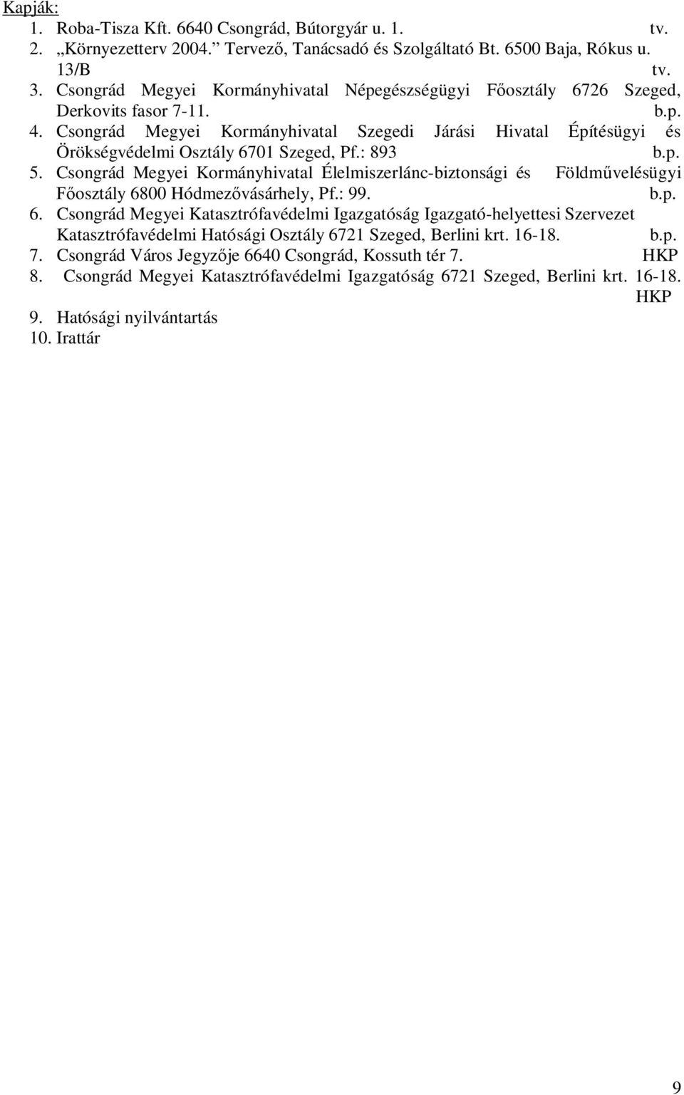 Csongrád Megyei Kormányhivatal Szegedi Járási Hivatal Építésügyi és Örökségvédelmi Osztály 6701 Szeged, Pf.: 893 b.p. 5.