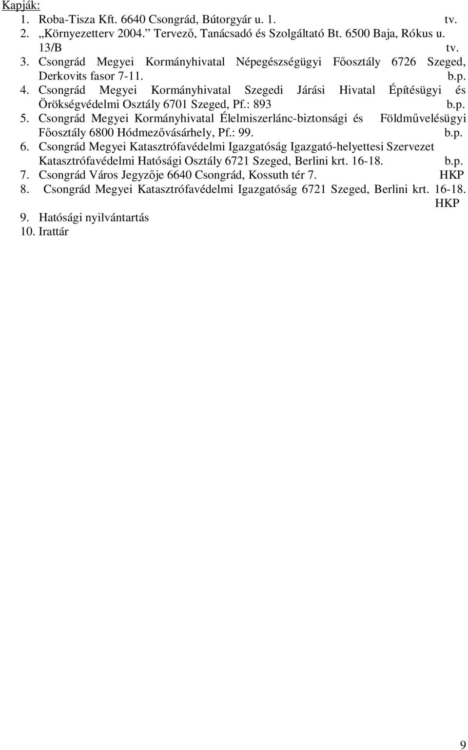 Csongrád Megyei Kormányhivatal Szegedi Járási Hivatal Építésügyi és Örökségvédelmi Osztály 6701 Szeged, Pf.: 893 b.p. 5.