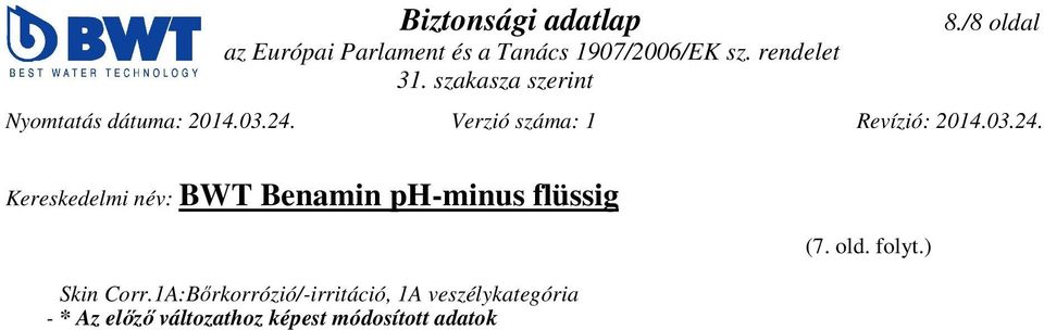 1A:Bőrkorrózió/-irritáció, 1A