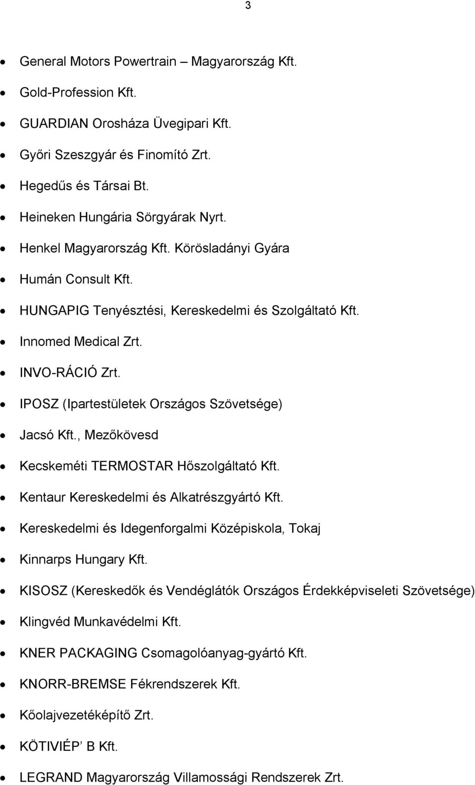 IPOSZ (Ipartestületek Országos Szövetsége) Jacsó Kft., Mezőkövesd Kecskeméti TERMOSTAR Hőszolgáltató Kft. Kentaur Kereskedelmi és Alkatrészgyártó Kft.