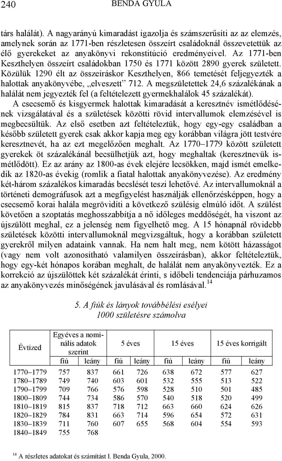Az 1771-ben Keszthelyen összeírt családokban 1750 és 1771 között 2890 gyerek született. Közülük 1290 élt az összeíráskor Keszthelyen, 866 temetését feljegyezték a halottak anyakönyvébe, elveszett 712.