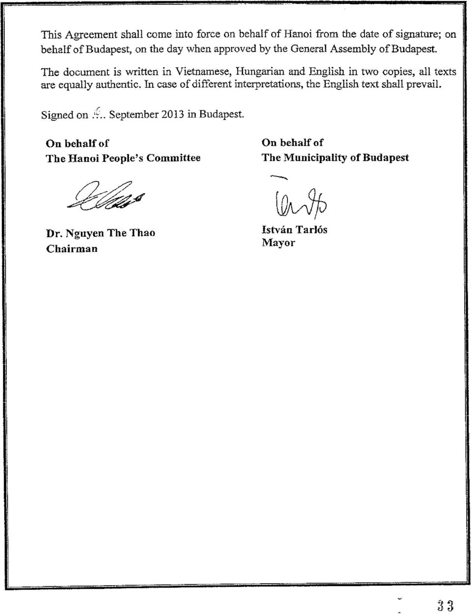 The document is written in Vietnamese, Hungarian and English in two copies, all texts are equally authentic.