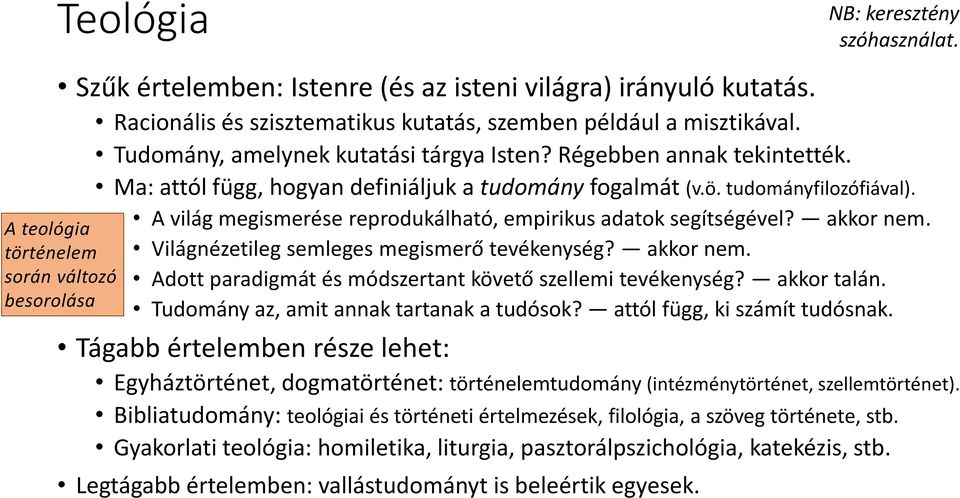 A teológia történelem során változó besorolása A világ megismerése reprodukálható, empirikus adatok segítségével? akkor nem. Világnézetileg semleges megismerő tevékenység? akkor nem. Adott paradigmát és módszertant követő szellemi tevékenység?