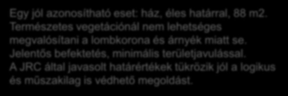 adott tolerancián belül ésszerű lehatárolhatóság mérete.. Egy jól azonosítható eset: ház, éles határral, 88 m2. Természetes vegetációnál nem lehetséges megvalósítani a lombkorona és árnyék miatt se.