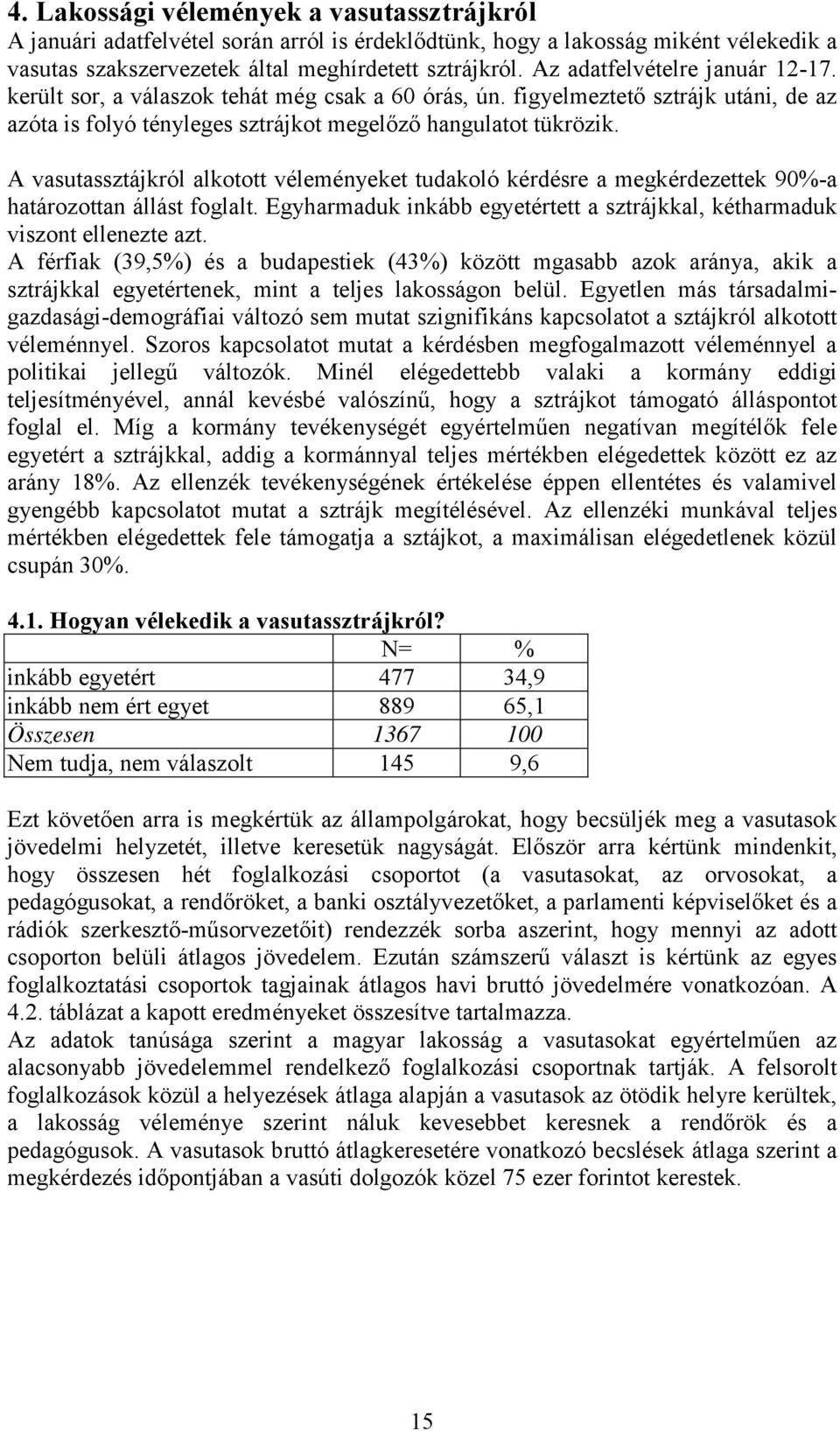 A vasutassztájkról alkotott véleményeket tudakoló kérdésre a megkérdezettek 90%-a határozottan állást foglalt. Egyharmaduk inkább egyetértett a sztrájkkal, kétharmaduk viszont ellenezte azt.