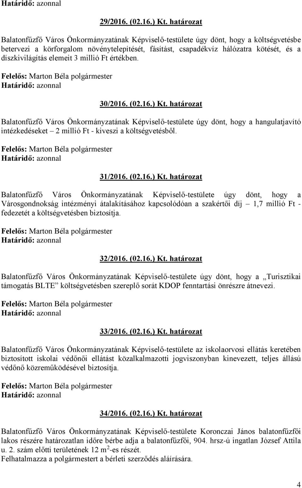 díszkivilágítás elemeit 3 millió Ft értékben. 30/2016. (02.16.) Kt.