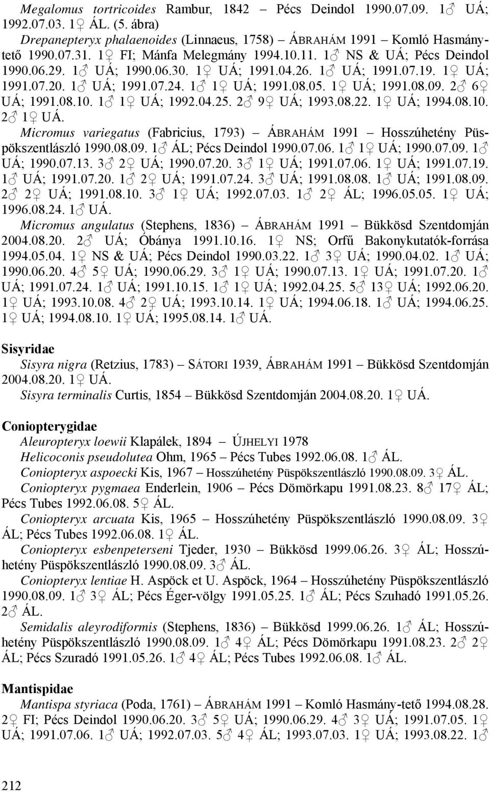 2 6 UÁ; 1991.08.10. 1 1 UÁ; 1992.04.25. 2 9 UÁ; 1993.08.22. 1 UÁ; 1994.08.10. 2 1 UÁ. Micromus variegatus (Fabricius, 1793) ÁBRAHÁM 1991 Hosszúhetény Püspökszentlászló 1990.08.09.