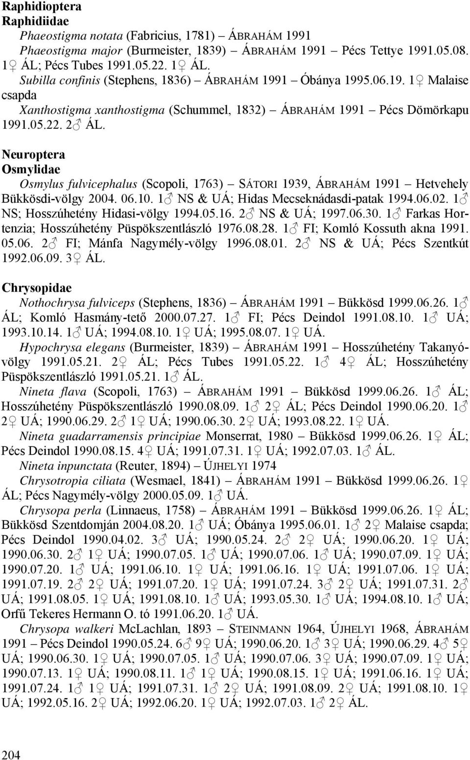 Neuroptera Osmylidae Osmylus fulvicephalus (Scopoli, 1763) SÁTORI 1939, ÁBRAHÁM 1991 Hetvehely Bükkösdi-völgy 2004. 06.10. 1 NS & UÁ; Hidas Mecseknádasdi-patak 1994.06.02.