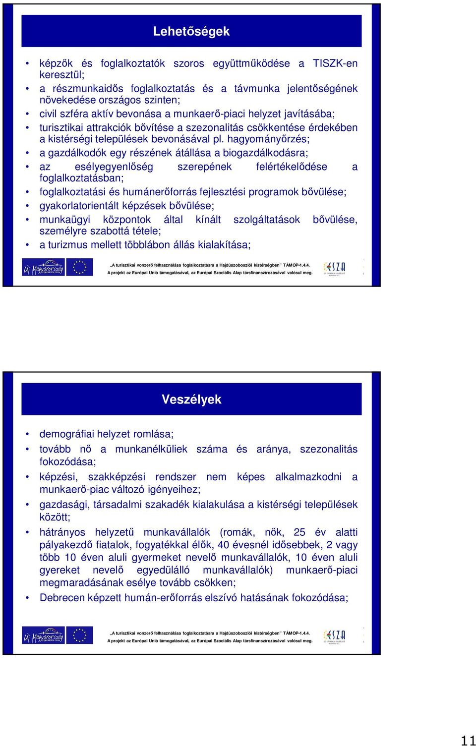 hagyományőrzés; a gazdálkodók egy részének átállása a biogazdálkodásra; az esélyegyenlőség szerepének felértékelődése a foglalkoztatásban; foglalkoztatási és humánerőforrás fejlesztési programok